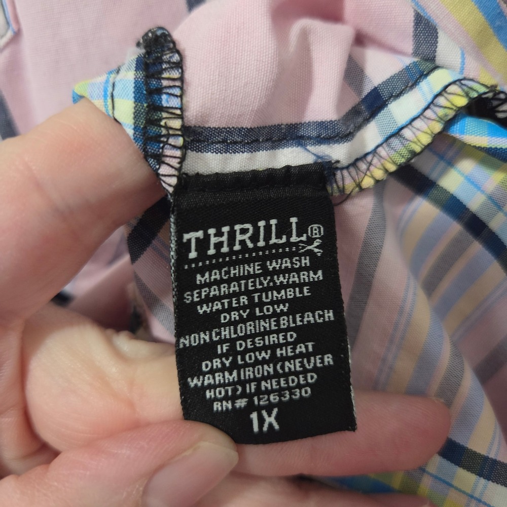 Thrill Jeans Womens 1X Pink Plaid Roll Tab Sleeve Button Up Shirt Raw Hem - Picture 5 of 6